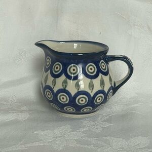 Polish Pottery Cobalt Blue Peacock Creamer Boleslawiec 3.25” Tall
